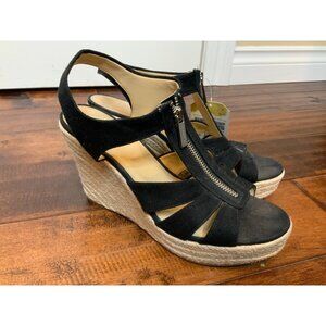 Michael Kors Black Zip-Up Strappy Espadrille Wedge Heels, Size 10